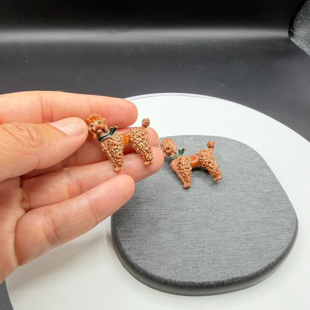 Vintage Pair Enamel Poodle Dog Brooch Pins Brown Green Figural Costume Jewelry